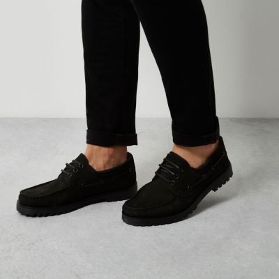 Black nubuck cleated boat shoes